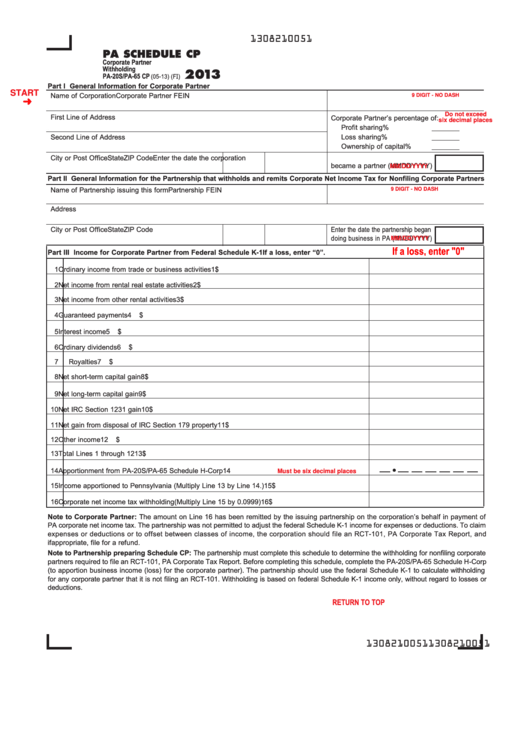 Fillable Form Pa-20s/pa-65 Cp - Pa Schedule Cp - Corporate Partner Withholding - 2013 Printable pdf