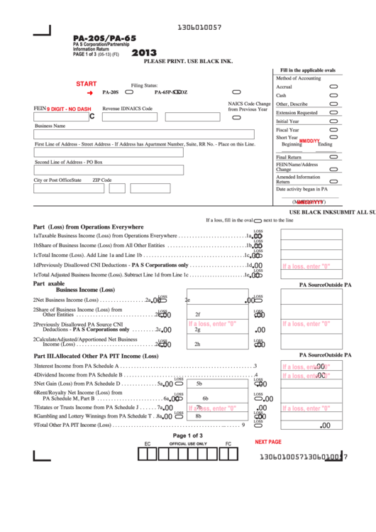 Fillable Form Pa-20s/pa-65 - Pa S Corporation/partnership Information Return - 2013 Printable pdf