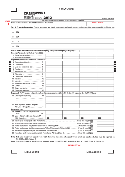 Fillable Form Pa-20s/pa-65 E - Pa Schedule E - Rent And Royalty Income (Loss) - 2013 Printable pdf