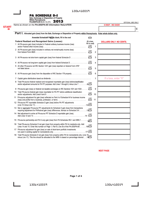 Fillable Form Pa-20s/pa-65 D - Pa Schedule D-I - Sale, Exchange Or Disposition Of Property Within Pennsylvania - 2013 Printable pdf