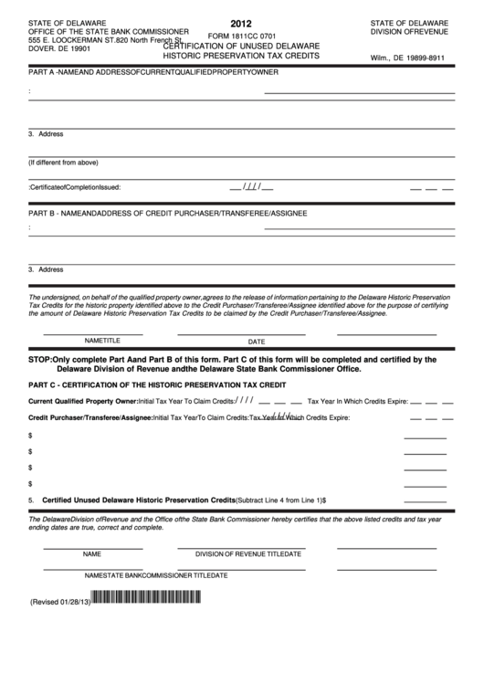 Fillable Form 1811cc 0701 - Certification Of Unused Delaware Historic Preservation Tax Credits - 2012 Printable pdf