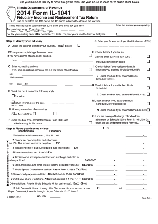 Fillable Form Il-1041 - Fiduciary Income And Replacement Tax Return - 2014 Printable pdf