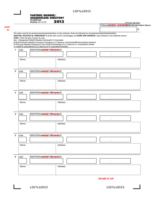Fillable Form Pa-20s/pa-65 - Partner/member/ Shareholder Directory - 2013 Printable pdf