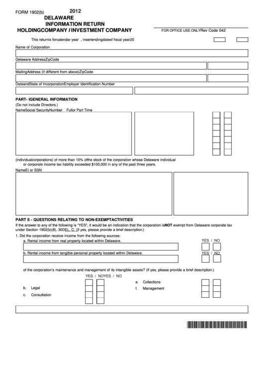 Fillable Form 1902(B) - Delaware Information Return Holding Company I Investment Company - 2012 Printable pdf