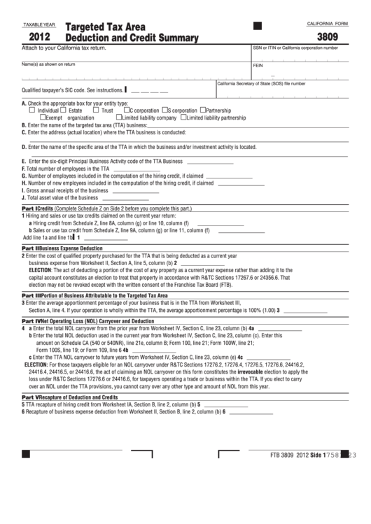 Fillable California Form 3809 - Targeted Tax Area Deduction And Credit Summary - 2012 Printable pdf