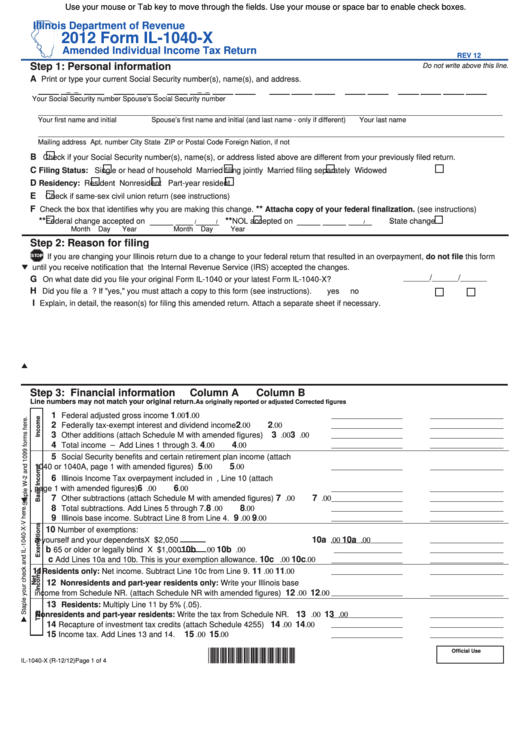 Fillable Form Il-1040-X - Amended Individual Income Tax Return - 2012 Printable pdf