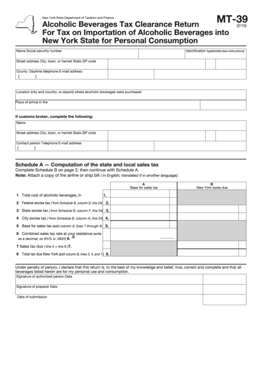 Form Mt-39 - Alcoholic Beverages Tax Clearance Return For Tax On Importation Of Alcoholic Beverages Into New York State For Personal Consumption Printable pdf
