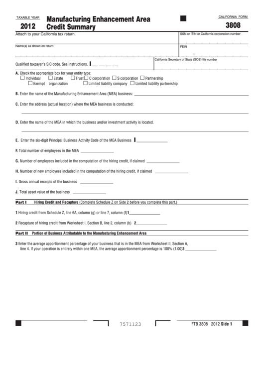 Fillable California Form 3808 - Manufacturing Enhancement Area Credit Summary - 2012 Printable pdf