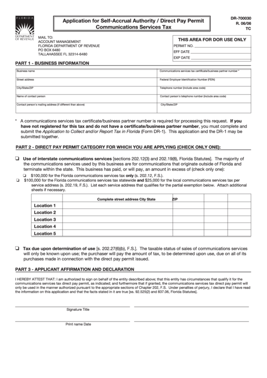 Fillable Form Dr-700030 - Application For Self-Accrual Authority - Direct Pay Permit Communications Services Tax Printable pdf