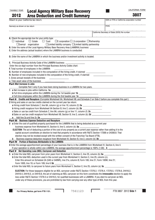 Fillable California Form 3807 - Local Agency Military Base Recovery Area Deduction And Credit Summary - 2012 Printable pdf