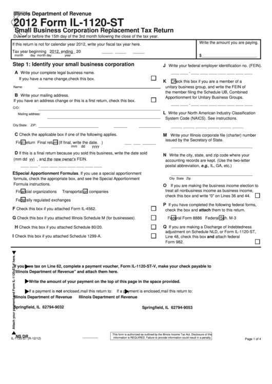 Form Il-1120-St - Small Business Corporation Replacement Tax Return - 2012 Printable pdf