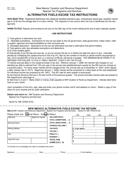 Fillable Form Rpd-41164 - New Mexico Alternative Fuels Excise Tax Printable pdf