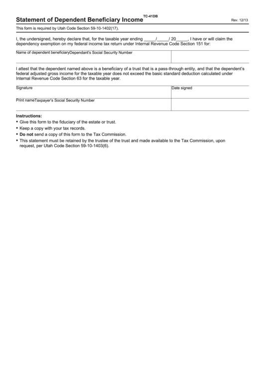 Fillable Form Tc-41db - Statement Of Dependent Beneficiary Income Printable pdf