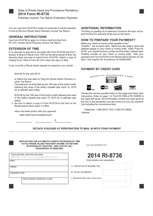 Fillable Form Ri-8736 - Fiduciary Income Tax Return Extension Payment - 2014 Printable pdf