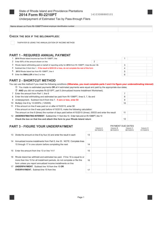 Fillable Form Ri-2210pt - Underpayment Of Estimated Tax By Pass-Through Filers - 2014 Printable pdf