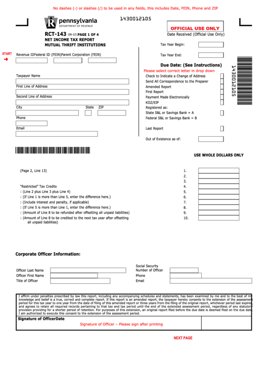 Fillable Form Rct-143 - Net Income Tax Report Mutual Thrift Institutions Printable pdf