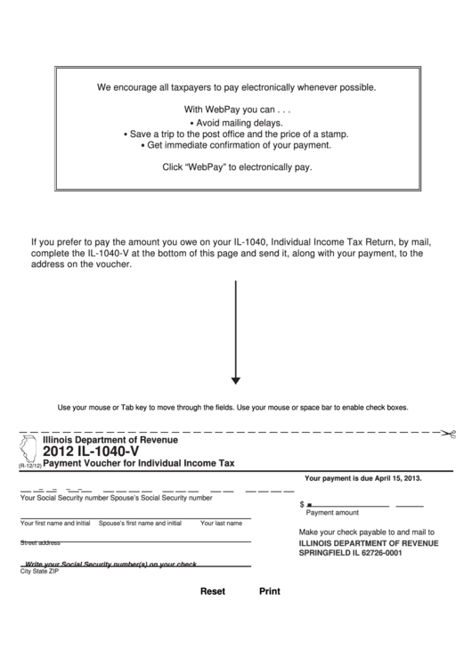 Fillable Form Il-1040-V - Payment Voucher For Individual Income Tax - 2012 Printable pdf