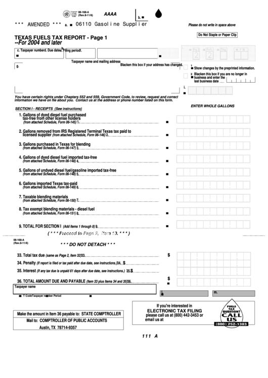 Fillable Form 06-168-A - Texas Fuels Tax Report Printable pdf