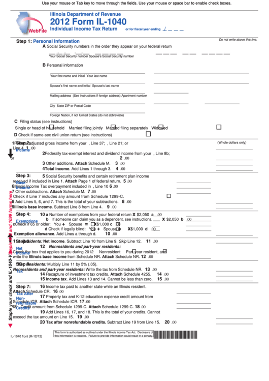 Fillable Form Il-1040 - Individual Income Tax Return - 2012 Printable pdf