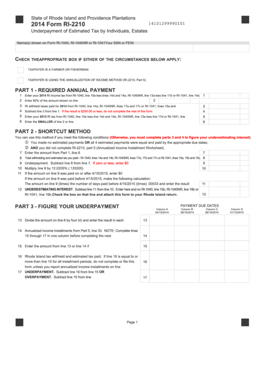Fillable Form Ri-2210 - Underpayment Of Estimated Tax By Individuals - 2014 Printable pdf