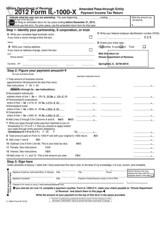 Form Il-1000-X - Amended Pass-Through Entity Payment Income Tax Return - 2012 Printable pdf