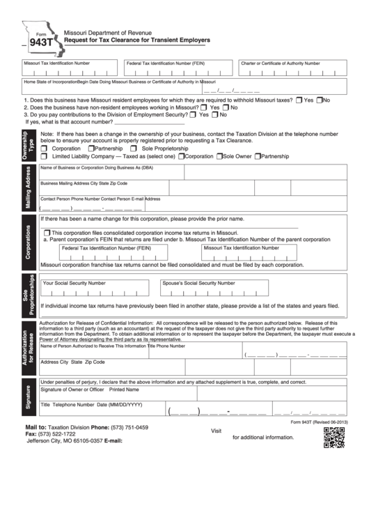 Fillable Form 943t - Request For Tax Clearance For Transient Employers Printable pdf