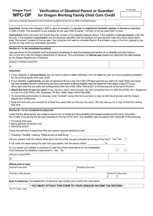 Fillable Form Wfc-Dp - Verification Of Disabled Parent Or Guardian For Oregon Working Family Child Care Credit Printable pdf