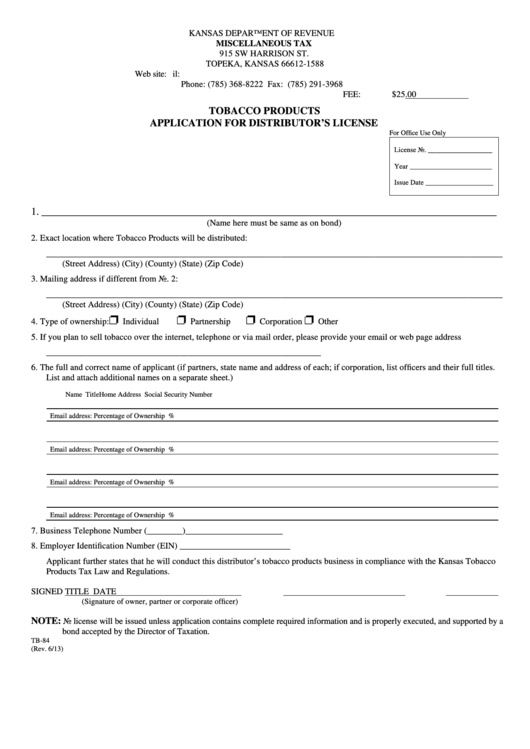 Fillable Form Tb-84 - Tobacco Products Application For Distributor
