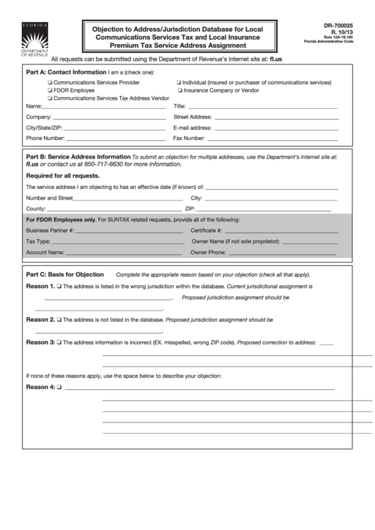 Form Dr-700025 - Objection To Address-Jurisdiction Database For Local Communications Services Tax And Local Insurance Premium Tax Service Address Assignment Printable pdf