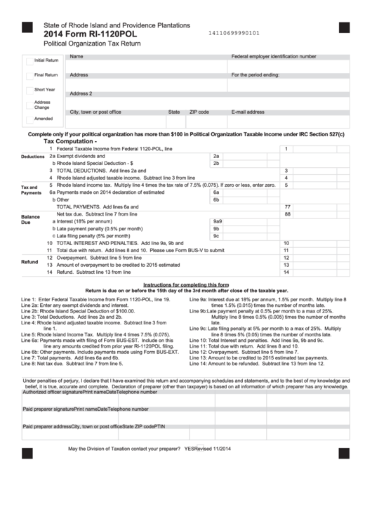 Fillable Form Ri-1120pol - Political Organization Tax Return - 2014 Printable pdf