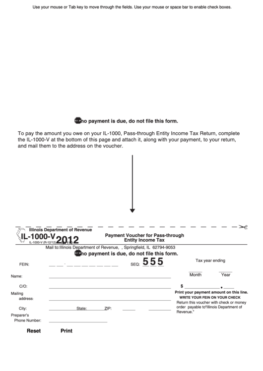 Fillable Form Il-1000-V - Payment Voucher For Pass-Through Entity Income Tax - 2012 Printable pdf