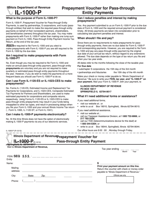 Form Il-1000-P - Prepayment Voucher For Pass-Through Entity Payment Printable pdf