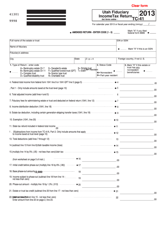 Fillable Form Tc-41 - Utah Fiduciary Income Tax Return - 2013 Printable pdf