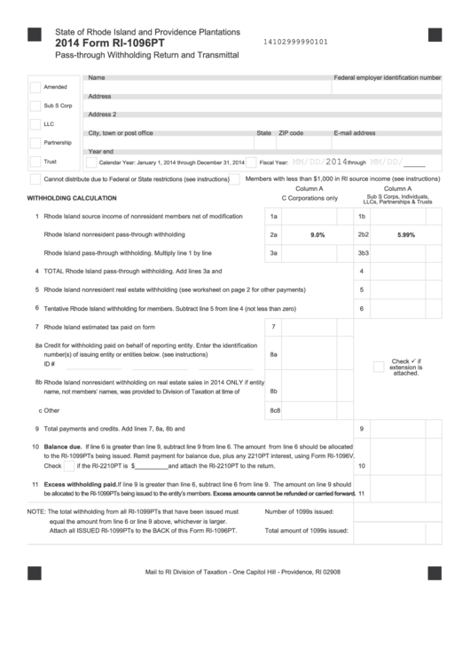 Form Ri-1096pt - Pass-through Withholding Return And Transmittal - 2014