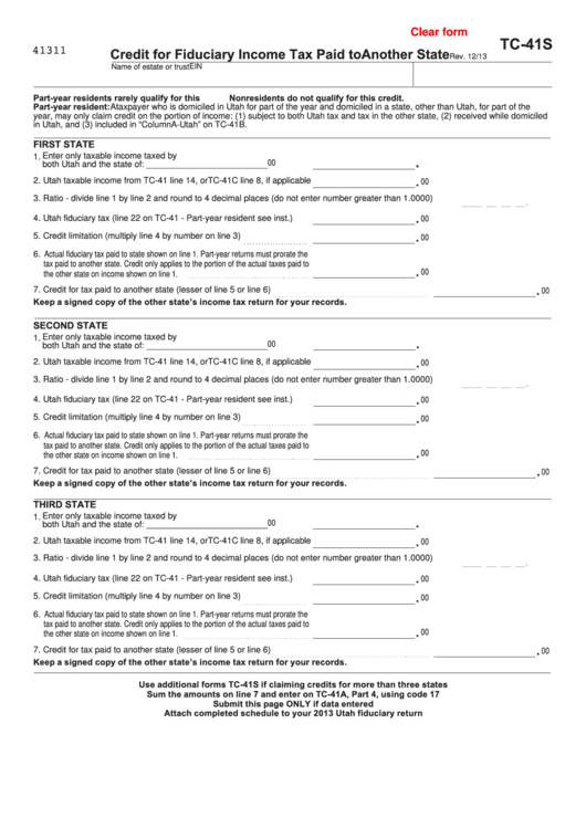 Fillable Form Tc-41s - Credit For Fiduciary Income Tax Paid To Another State Printable pdf
