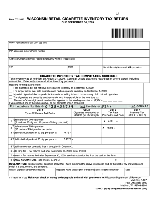 Fillable Form Ct-139w - Wisconsin Retail Cigarette Inventory Tax Return - 2009 Printable pdf