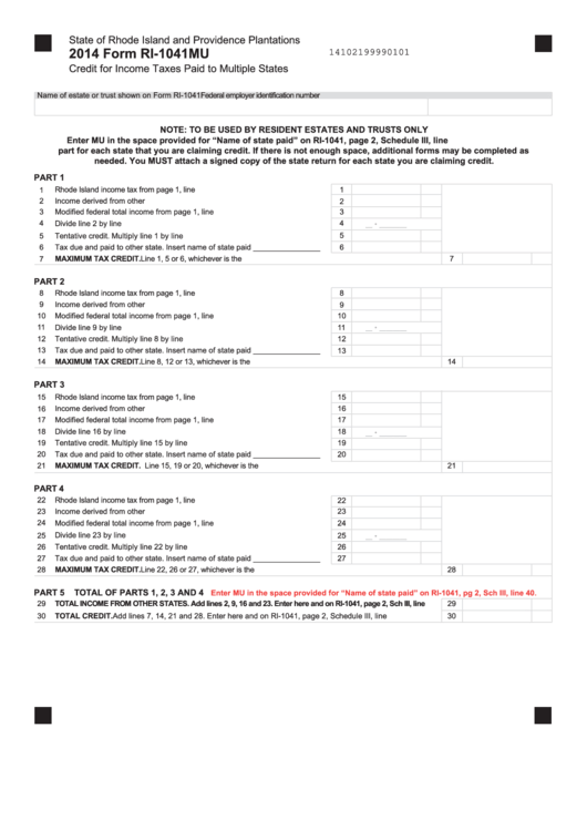Fillable Form Ri-1041mu - Credit For Income Taxes Paid To Multiple States - 2014 Printable pdf