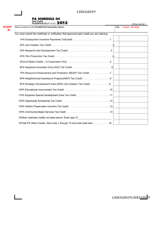 Fillable Form Pa-20s/pa-65 Oc - Pa Schedule Oc - Other Credits - 2013 Printable pdf