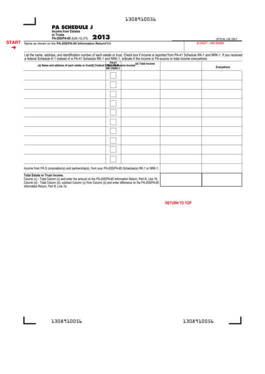 Fillable Form Pa-20s/pa-65 J - Pa Schedule J - Income From Estates Or Trusts - 2013 Printable pdf