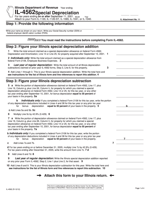 Form Il-4562 - Special Depreciation Printable pdf