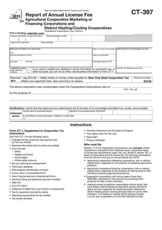 Fillable Form Ct-397 - Report Of Annual License Fee Agricultural Cooperative Marketing Or Financing Corporations And District Heating/cooling Cooperatives - 2013 Printable pdf