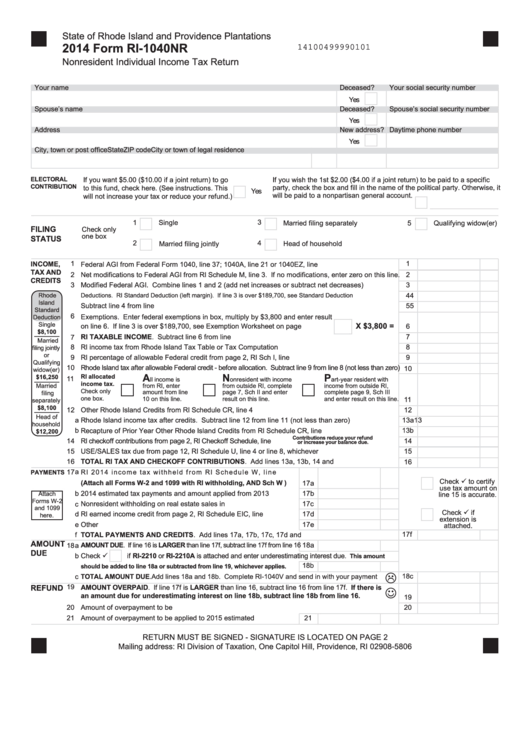 Fillable Form Ri-1040nr - Nonresident Individual Income Tax Return - 2014 Printable pdf