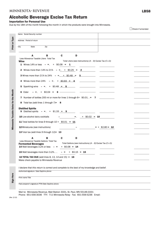 Fillable Form Lb58 - Alcoholic Beverage Excise Tax Return Printable pdf