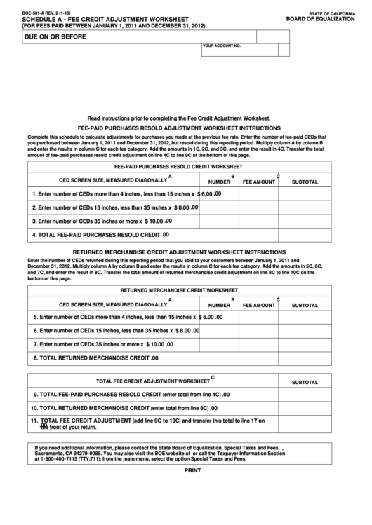 Fillable Form Boe-501-A - Schedule A - Fee Credit Adjustment Worksheet Printable pdf