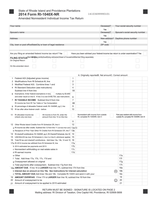 Fillable Form Ri-1040x-Nr - Amended Nonresident Individual Income Tax Return - 2014 Printable pdf