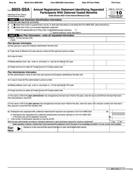 Fillable Form 8955-Ssa - Annual Registration Statement Identifying Separated Participants With Deferred Vested Benefits - 2010 Printable pdf
