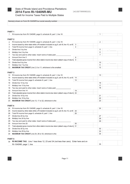 Fillable Form Ri-1040nr-Mu - Credit For Income Taxes Paid To Multiple States - 2014 Printable pdf