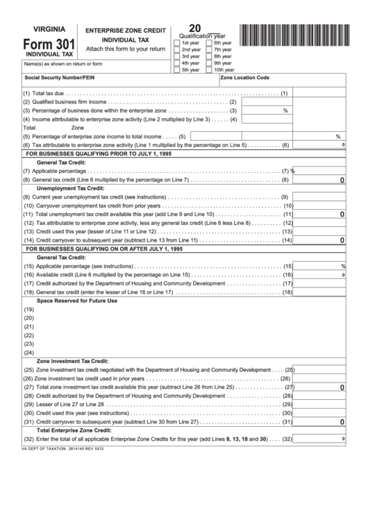 Fillable Virginia Form 301 - Enterprisezonecredit Individual Tax Printable pdf