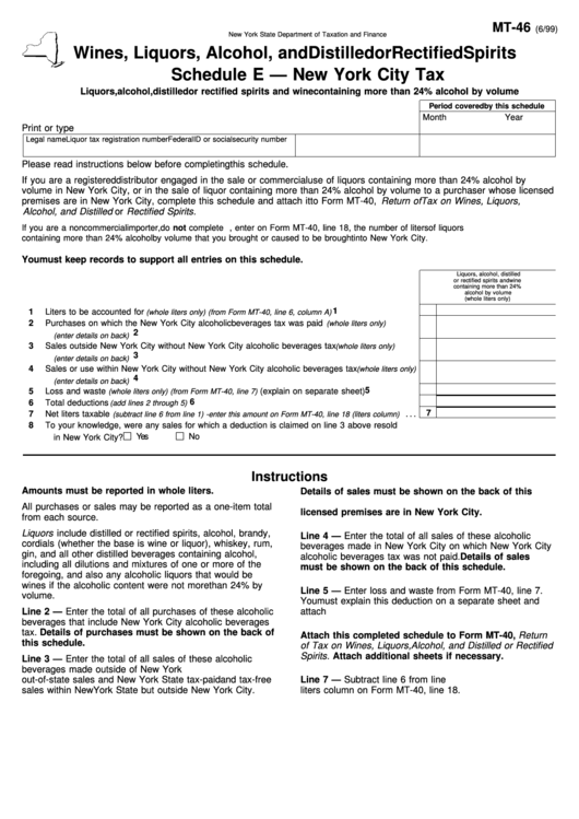 Form Mt-46 Schedule E - New York City Tax Printable pdf