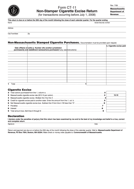 Fillable Form Ct-11 - Non-Stamper Cigarette Excise Return (For Transactions Occurring Before July 1, 2008) Printable pdf
